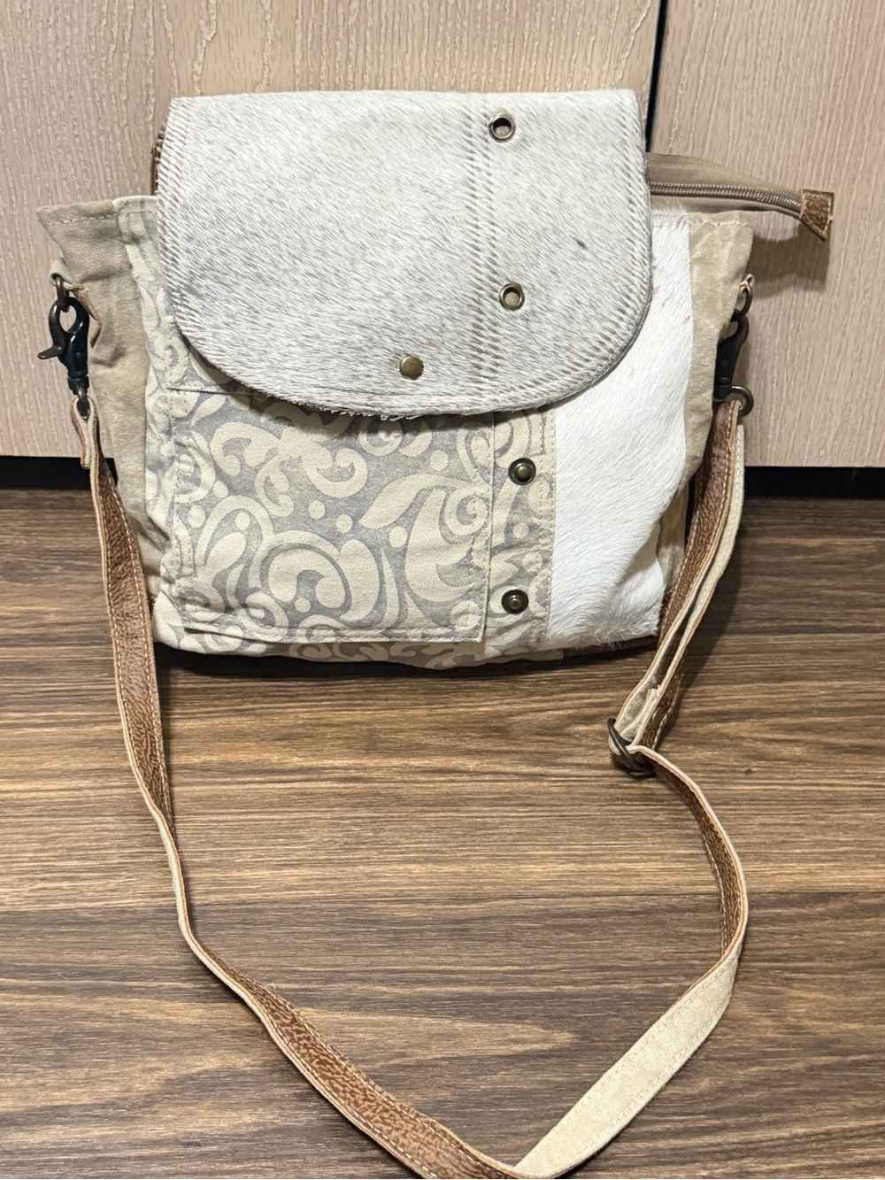 Myra Bag White and Tan Mixed-Texture Crossbody